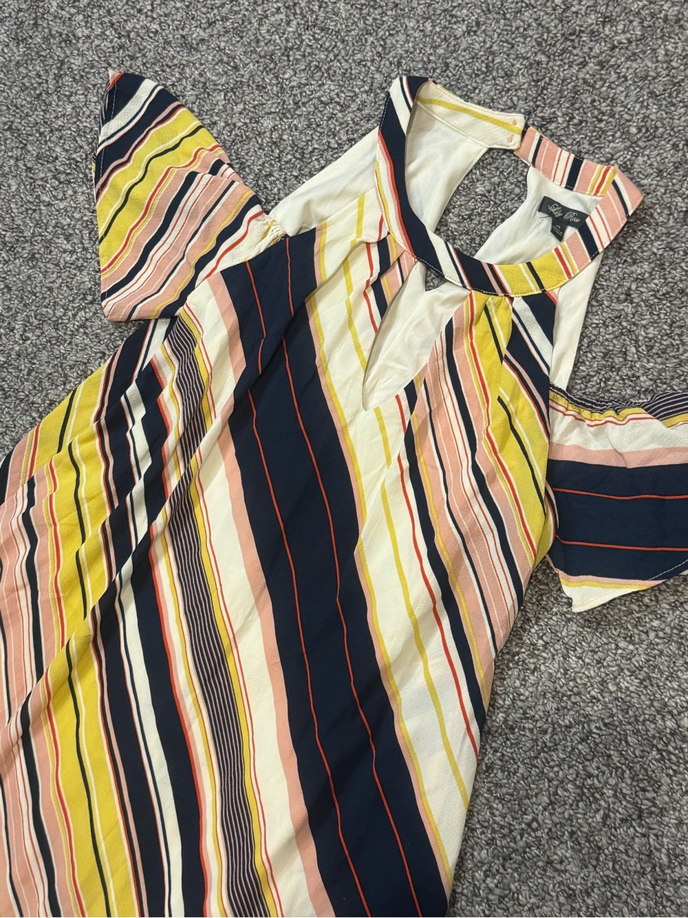 Striped Cold-Shoulder Shift Dress in Yellow and Navy - Picture 3 of 6